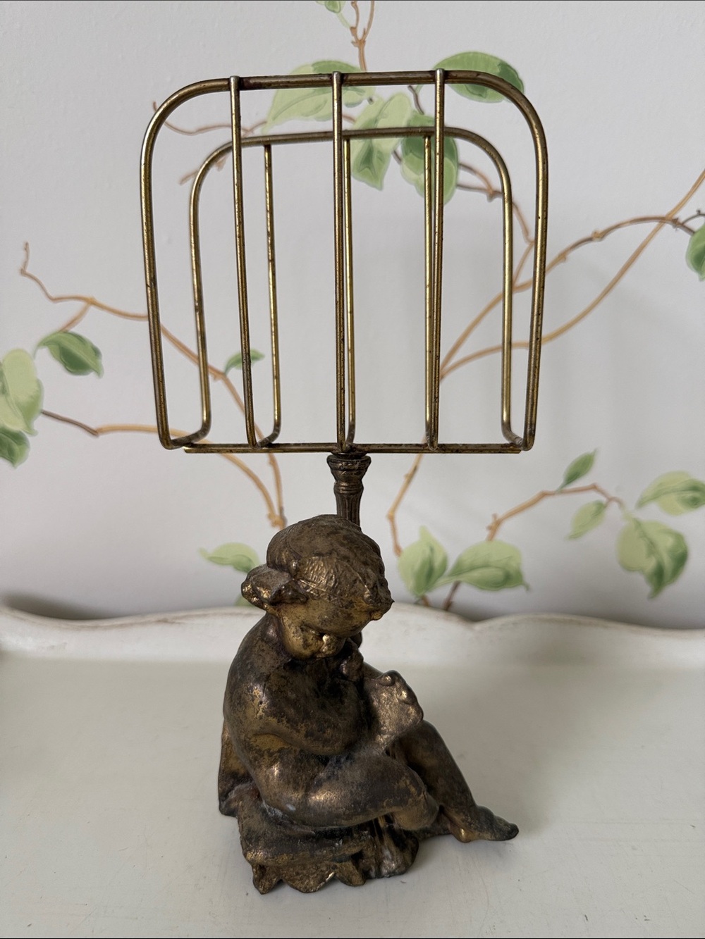 Vintage Hollywood Regency Brass Cherub Napkin Mail Letter Holder Stand